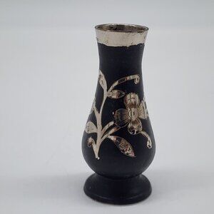 Vintage Black & Silver Miniature Floral Metal Vase With Engraved Base